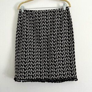 Mini Flower Embroidered Skirt - Pom Poms - black & white- Size 10